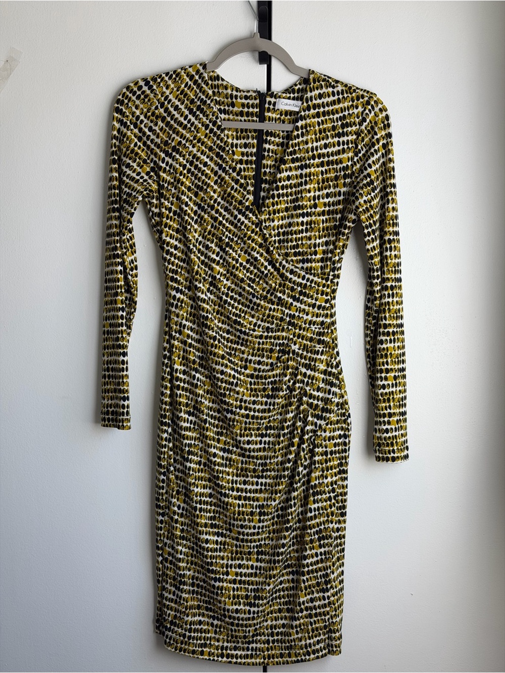 Calvin Klein Yellow and Black Printed Long-Sleeve Wrap Dress